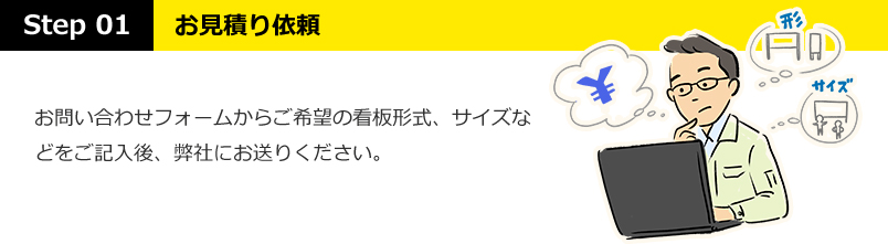 STEP01：お見積り依頼・・・お問い合わせフォームからご希望の看板形式、サイズなどをご記入後、弊社にお送りください。