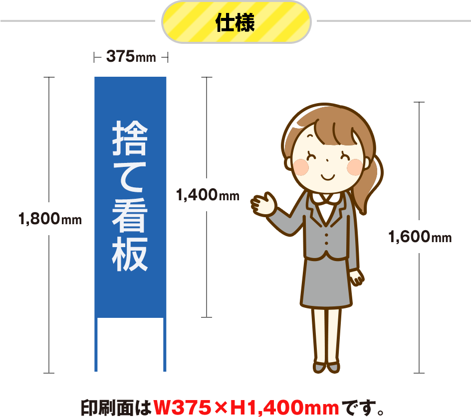 捨て看板の印刷面はW375 x H1,400mmです。