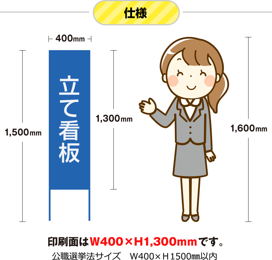 印刷面はW400 x H1,300mmです。公職選挙法サイズ W400 x H1,500mm以内